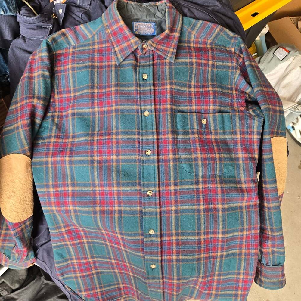 Pendleton Plaid Wool Shirt Size M Green Red Elbow Patches Vintage USA